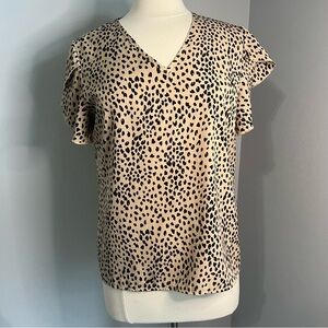Shein L Tan Black Leopard Print Tulip Short Sleeve V-Neck Blouse